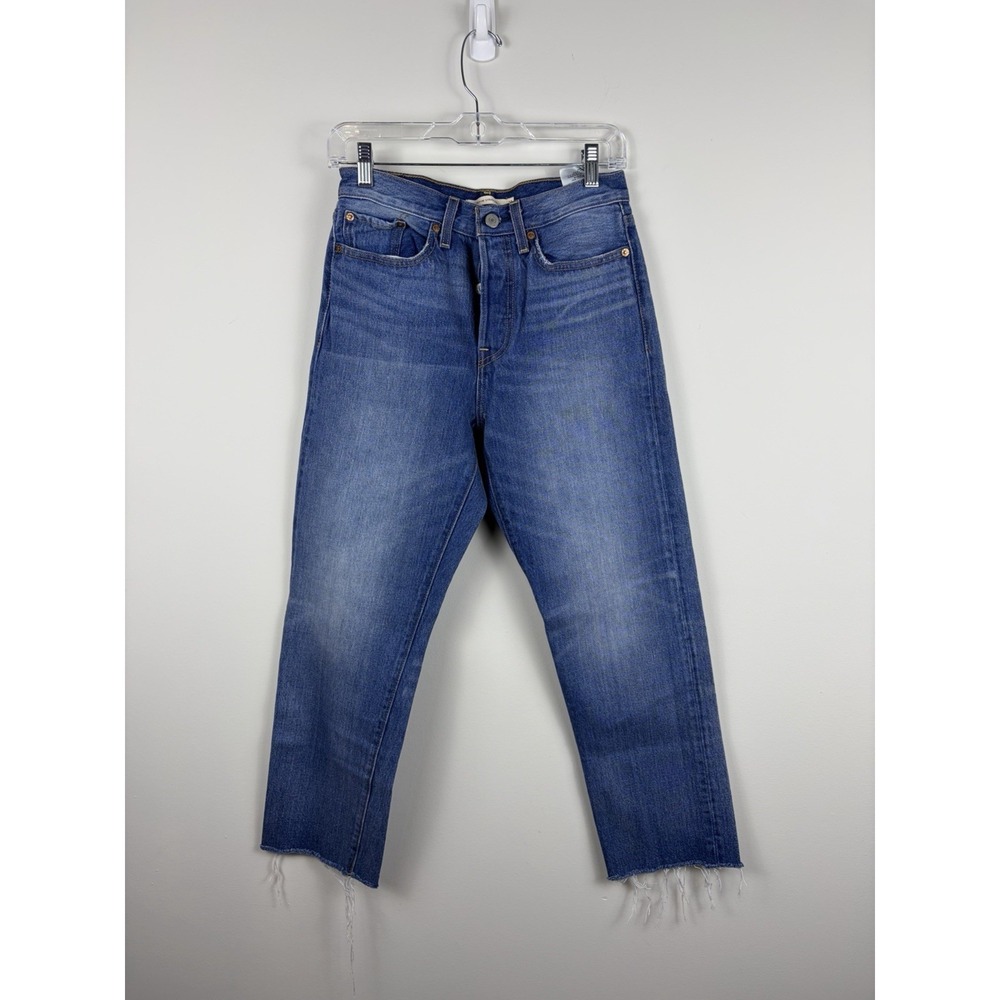 Levi's Premium Wedgie Straight Cropped Button Fly Jeans Sz 27 Blue Stretch 28x24